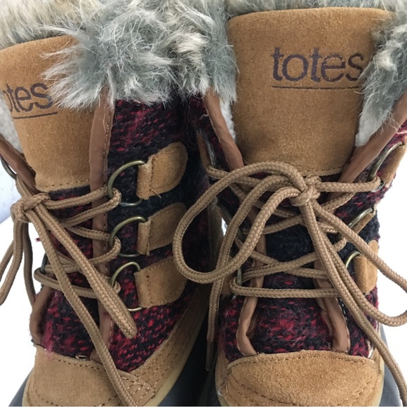 Totes Faux Fur Plaid Cloth Lace Up Winter Duck Boots Lynn Tan Size 7 M - Picture 7 of 13
